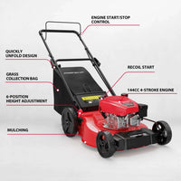 Lawn mower showcasing 3-in-1 functionality with rear discharge, mulching, and bagging options