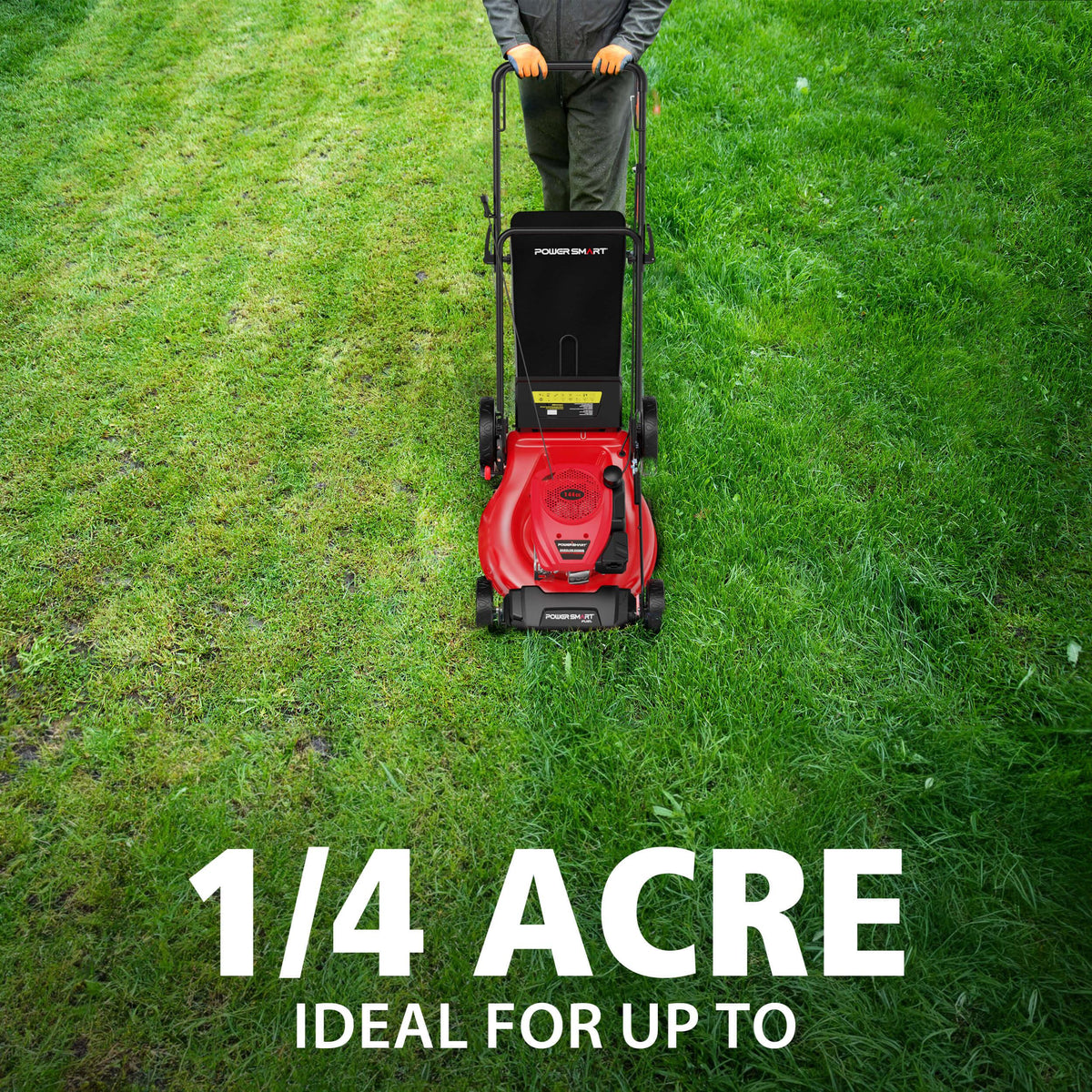 Side view of steel mowing deck with grass bag attached to the back of the lawn mower