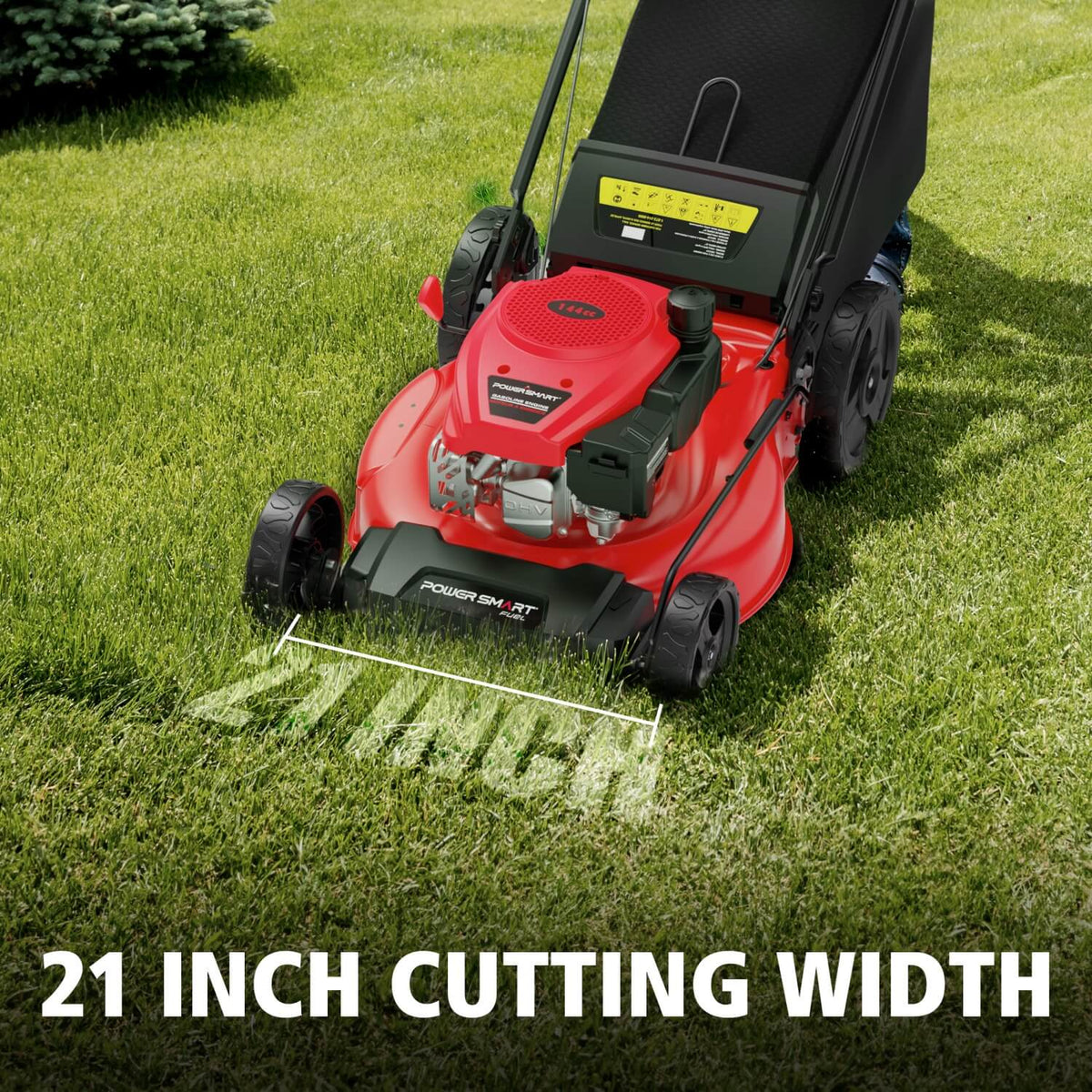Illustration showing 21-inch cutting width of the lawn mower’s blade for efficient mowing