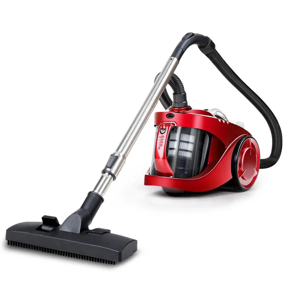 Red Devanti bagless vacuum cleaner showing side profile and handle