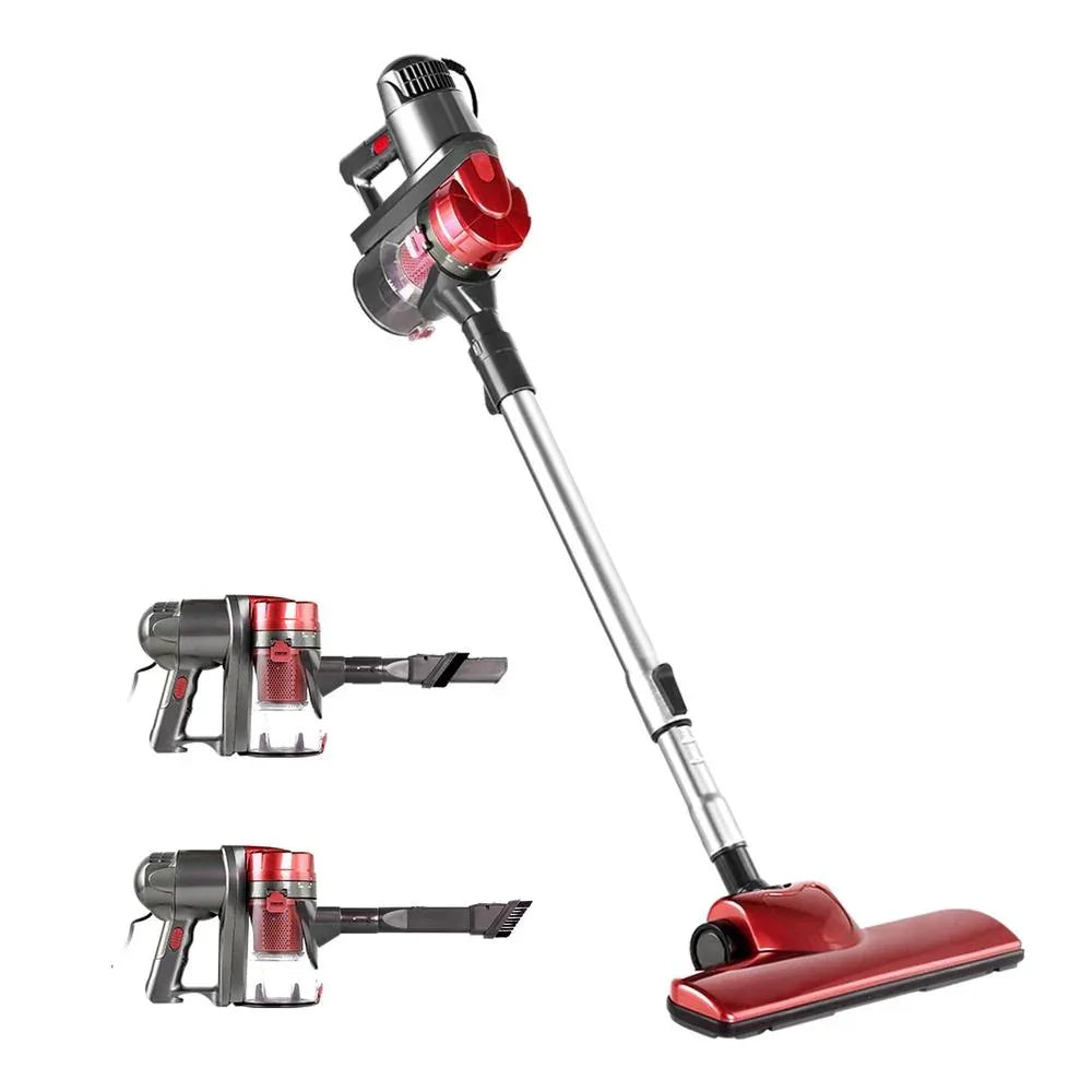 Devanti cordless red and silver handheld vacuum cleaner resting on white surface.