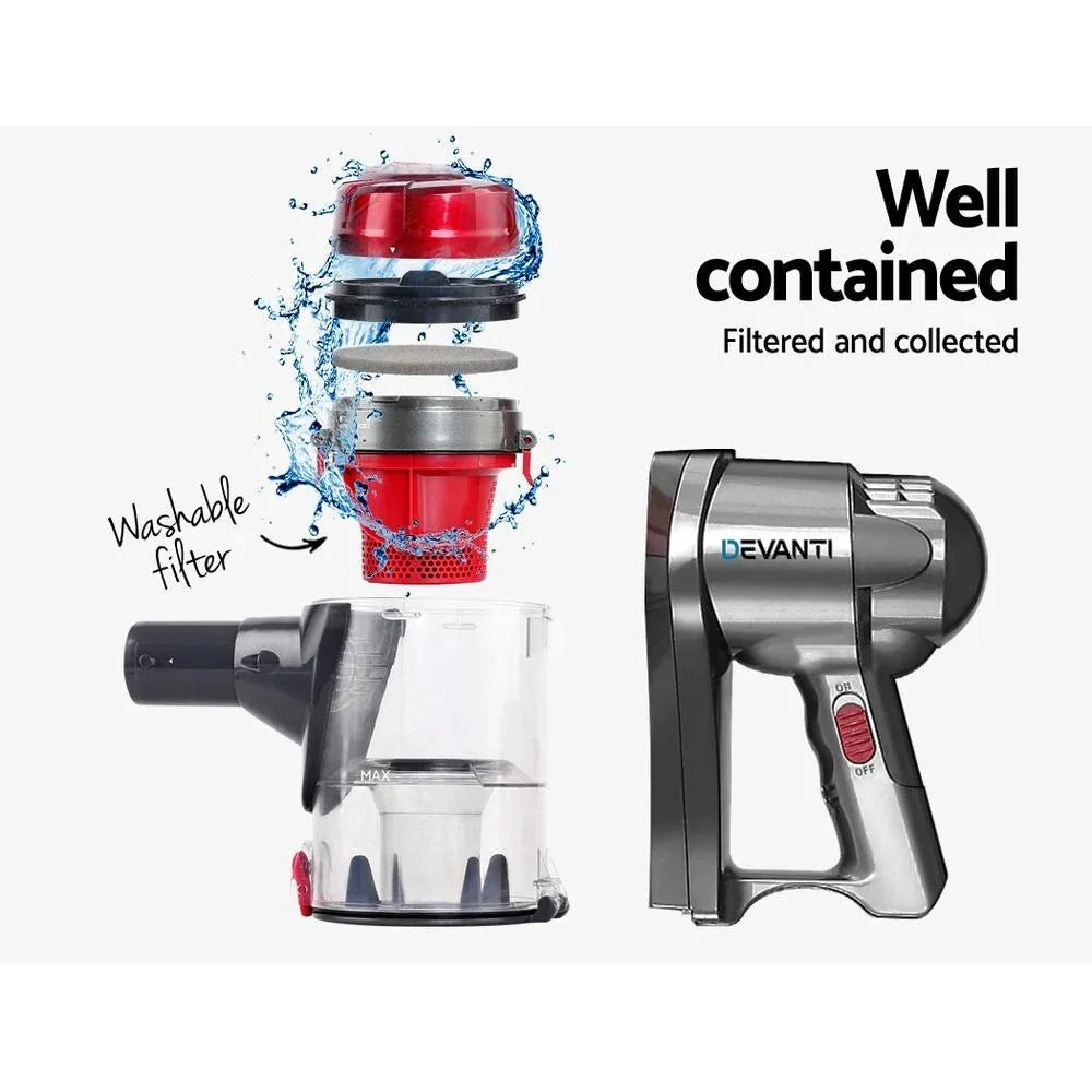 Side view of Devanti cordless vacuum cleaner highlighting ergonomic handle and trigger.
