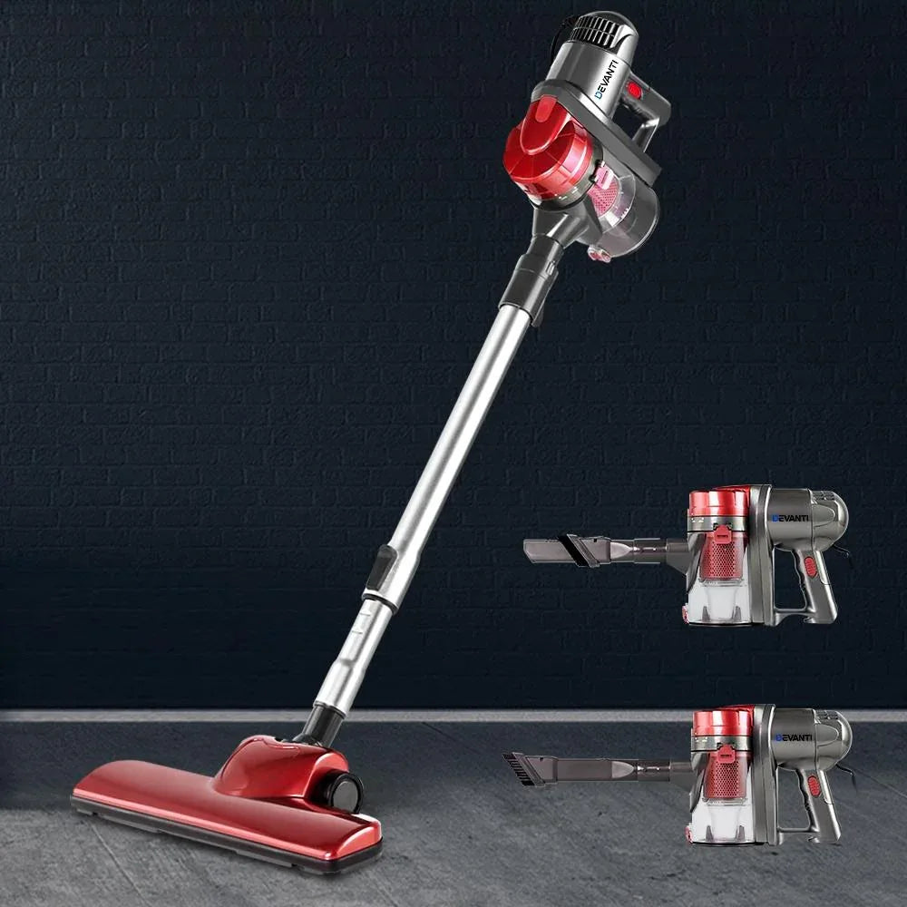 Packaging box for Devanti corded handheld vacuum cleaner featuring product image and branding.