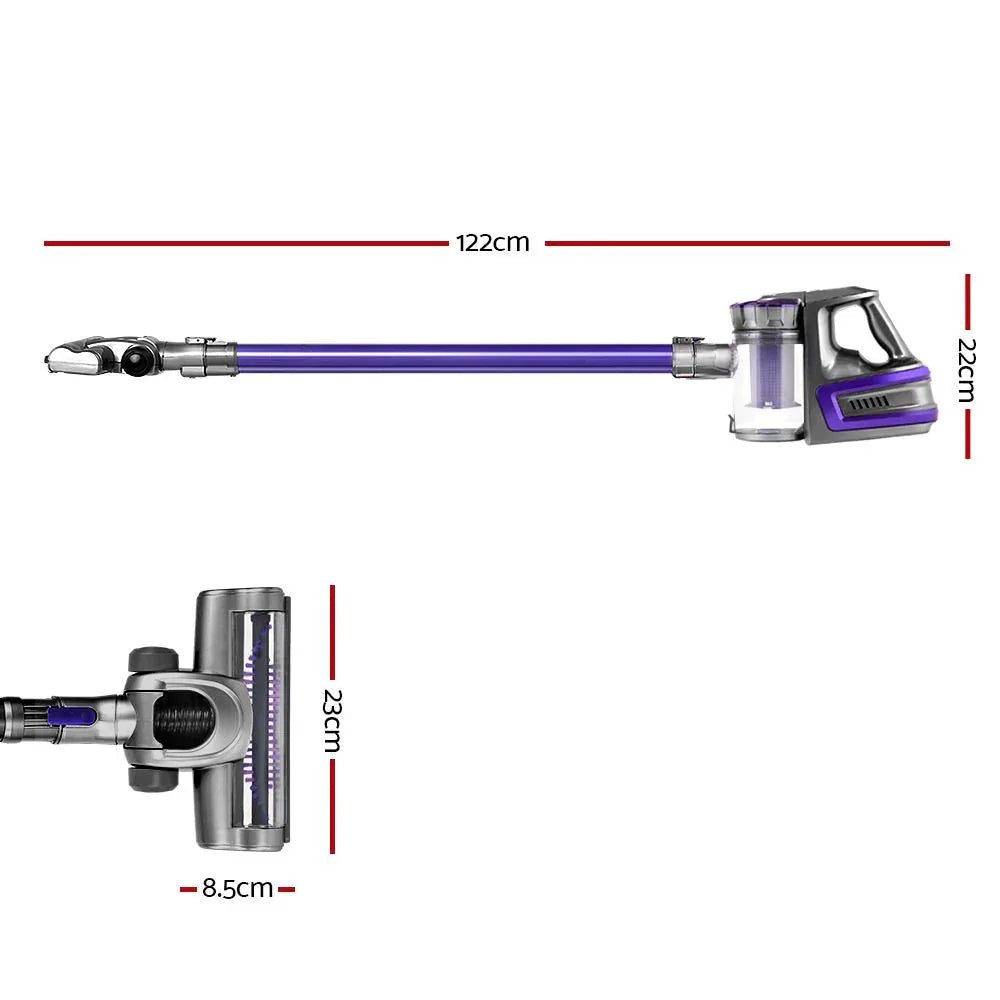 Side view of gray cordless Devanti vacuum cleaner stick showing motorized brush head