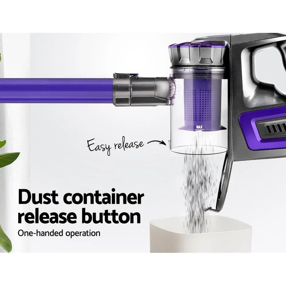 Gray cordless vacuum cleaner stick with HEPA filter and removable dust container