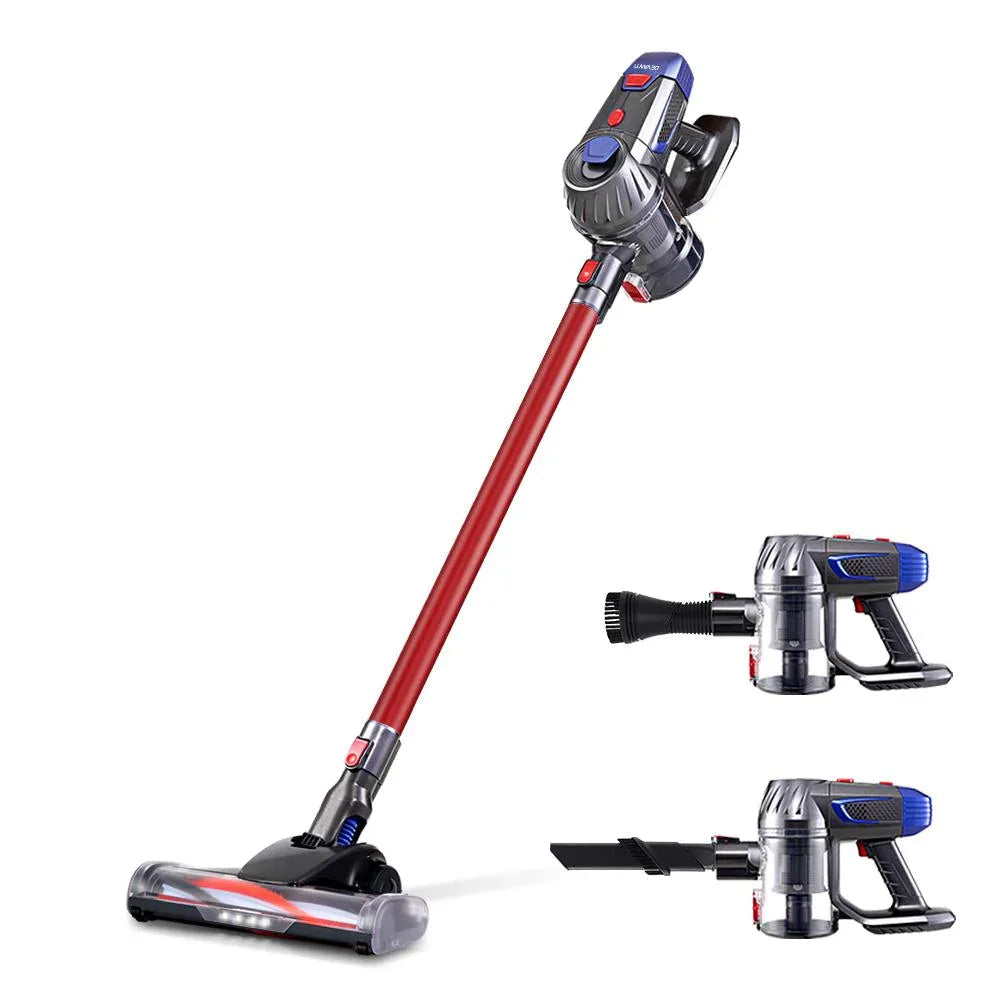 Red Devanti cordless handheld stick vacuum cleaner standing upright