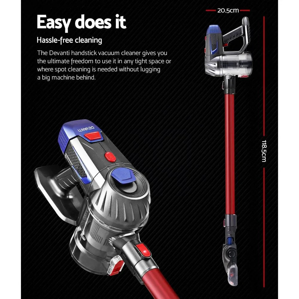 Side view of the Devanti handheld vacuum showing motorized head and handle