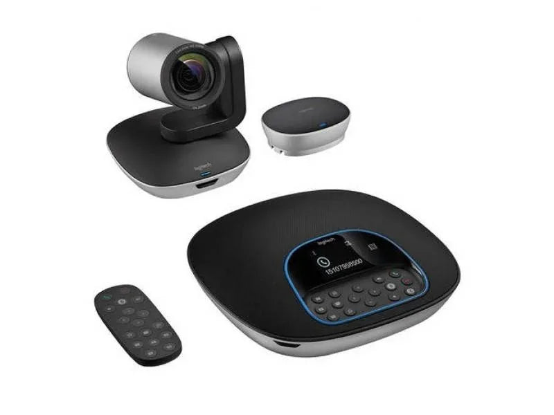 Logitech CC3500e Conference Cam with motorized pan, tilt, zoom and remote control on white background