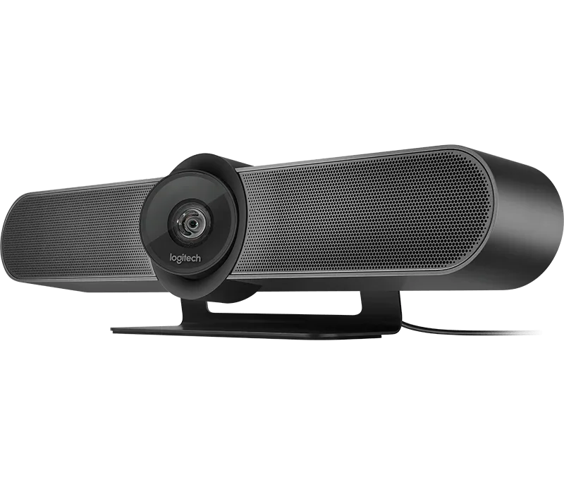 Logitech MeetUp 4K Conferencecam showing lens and microphone, designed for small meeting rooms with wide-angle view