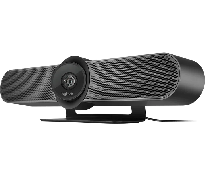 Logitech MeetUp 4K Conferencecam showing lens and microphone, designed for small meeting rooms with wide-angle view