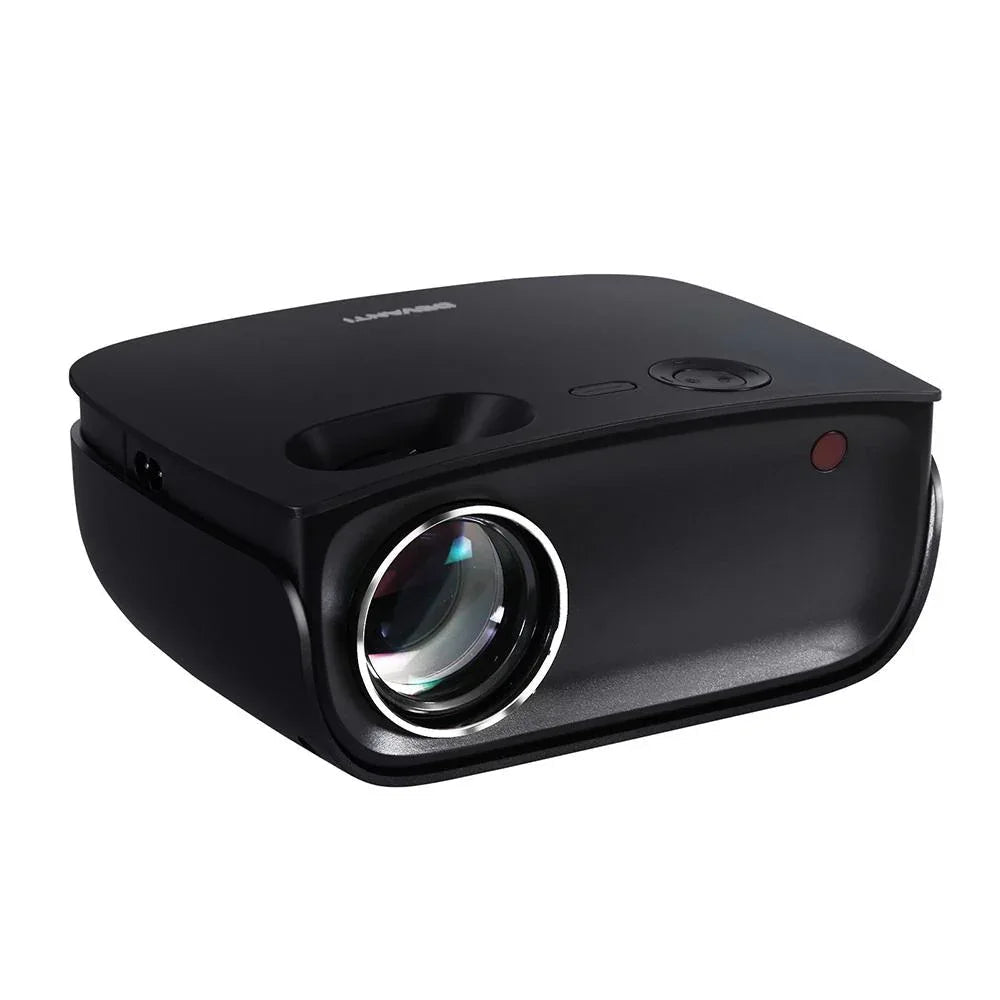 Black Devanti mini video projector showing lens and ventilation on side, angled top view.