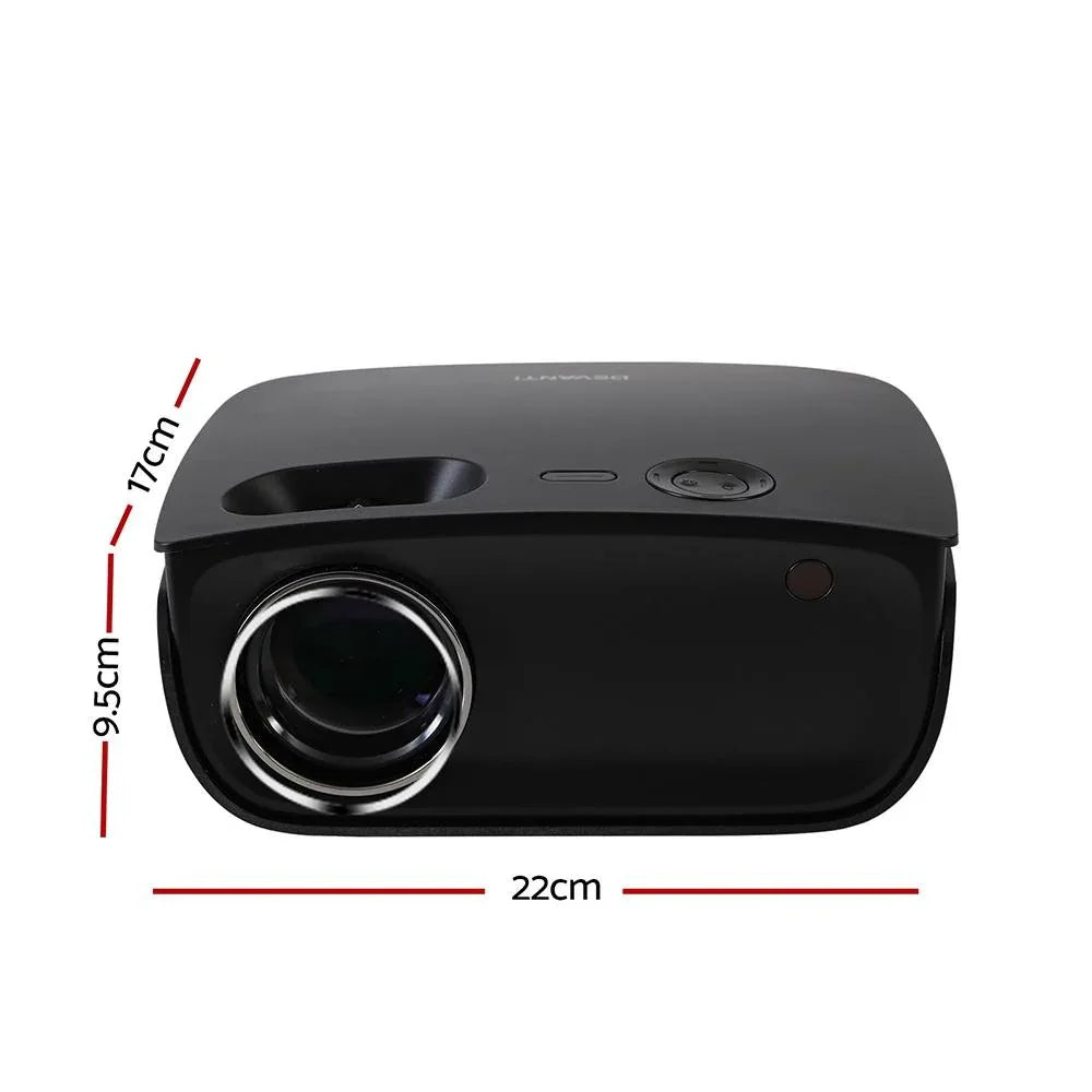 Top view of Devanti portable video projector highlighting control buttons and compact design.