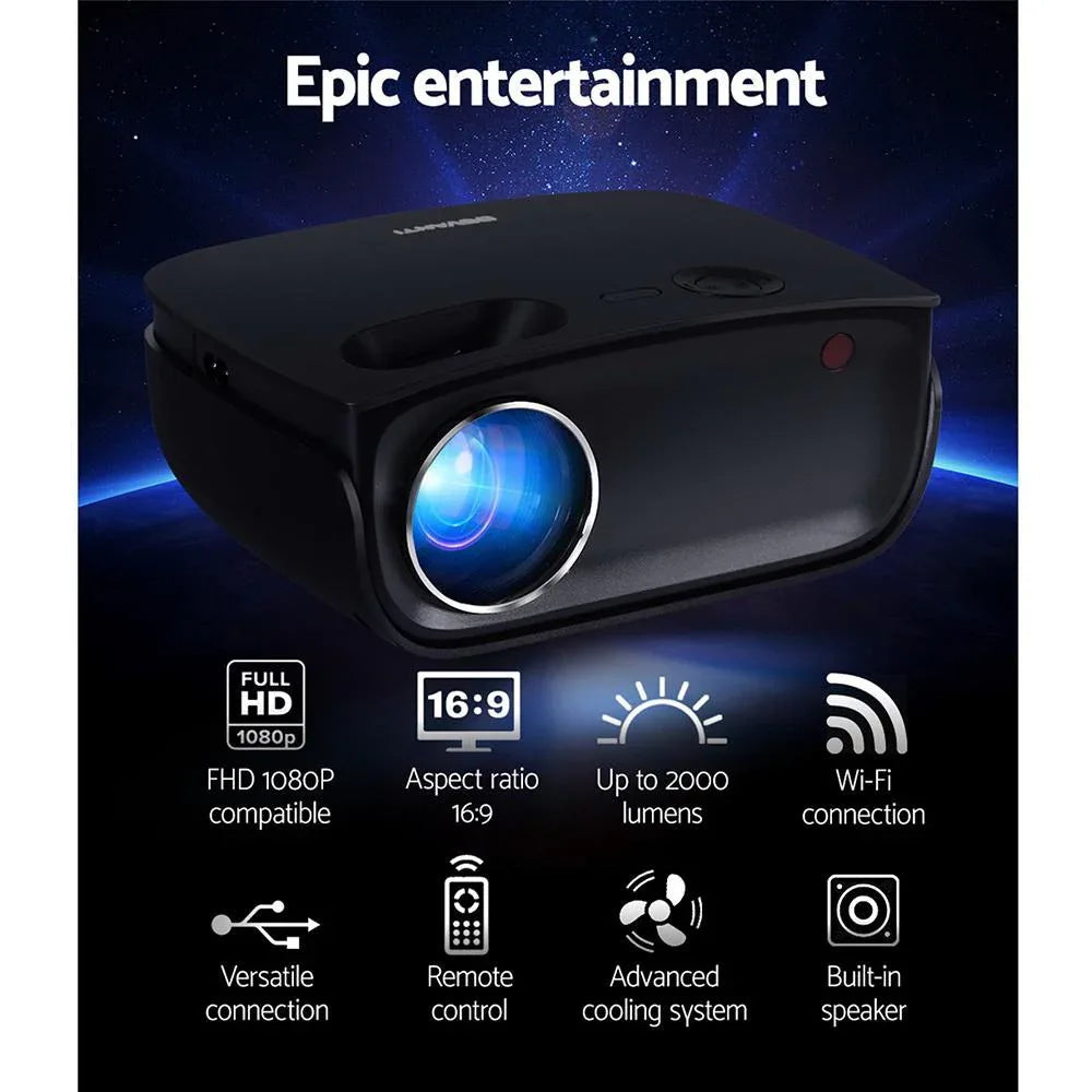 Devanti video projector connected to a smartphone via Wi-Fi with projection in background.