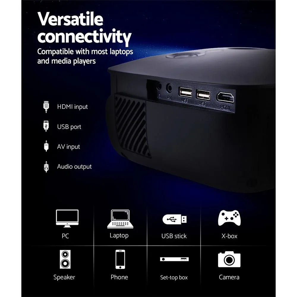 Compact Devanti projector angled to show cooling vents and sturdy construction.