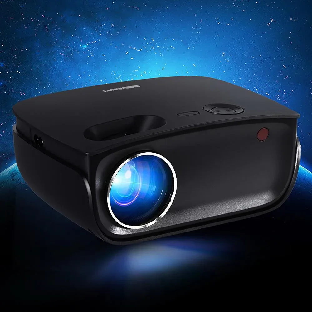 Devanti mini projector projecting bright colorful image on white wall in living room.