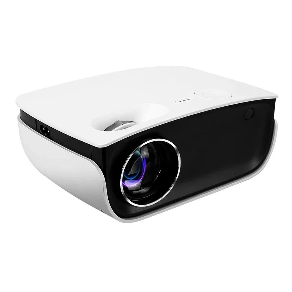 White Devanti mini video projector with lens and ventilation holes on front and side.