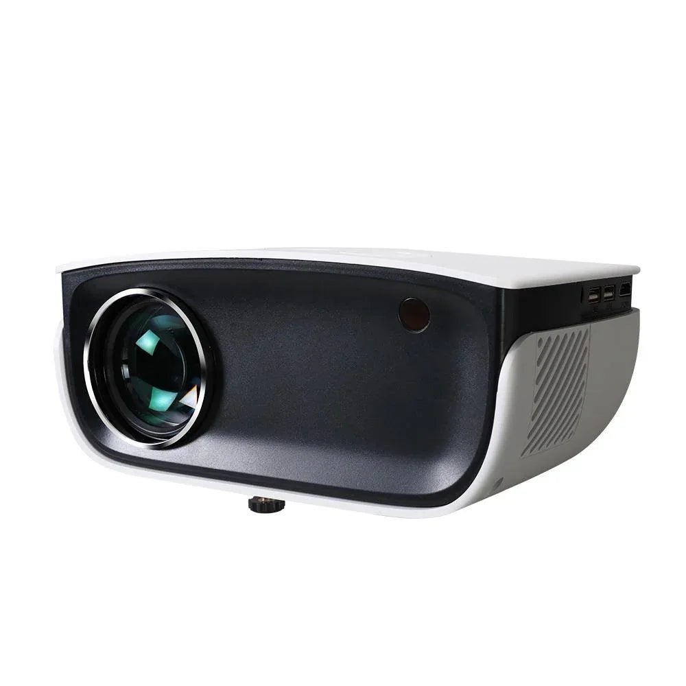 Devanti mini projector showing power button and USB port on the side.