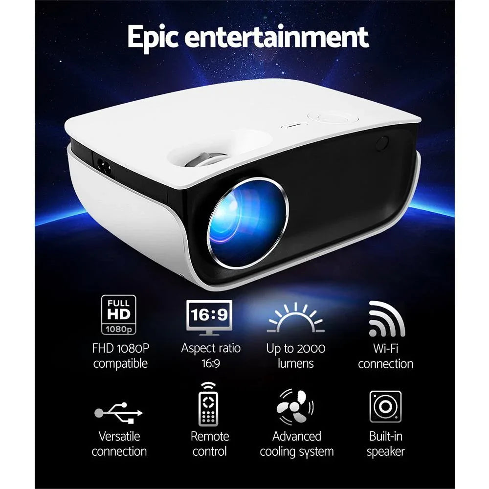 Rear panel of Devanti projector highlighting HDMI, USB, and audio ports for connectivity.