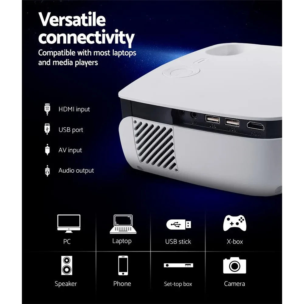 Devanti projector placed on a table projecting a colorful image on a wall in a dark room.