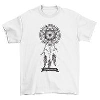 Turquoise T-shirt with handmade willow hoop dream catcher and 'Dream without fear' caption