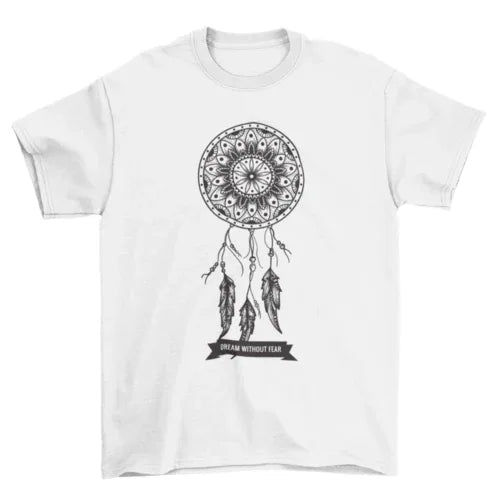 Turquoise tee showing full front view of dream catcher design with caption