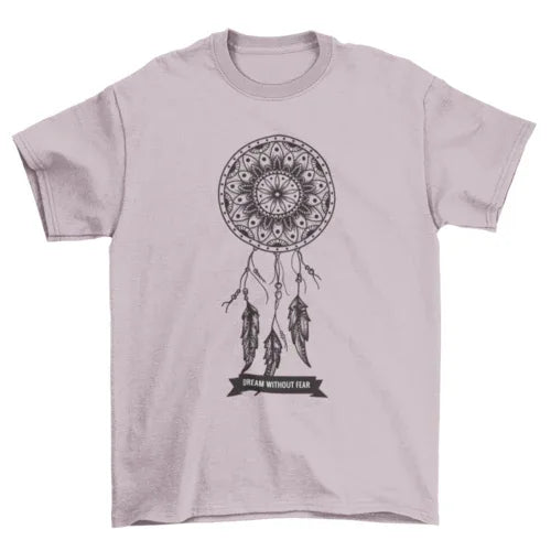Close-up shot of white T-shirt dream catcher design highlighting feather details