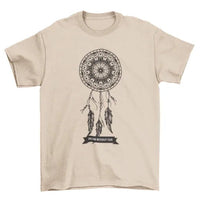 White T-shirt displaying a detailed dream catcher graphic with hanging feathers