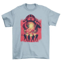 Front view of black T-shirt featuring a digital art of person wearing virtual reality headset with cosmic motifs.