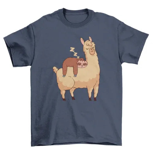 Close-up detail of sleeping sloth lying on a llama illustration on a T-shirt.