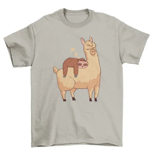 Illustration of a sloth sleeping over a llama printed on a light-colored T-shirt.