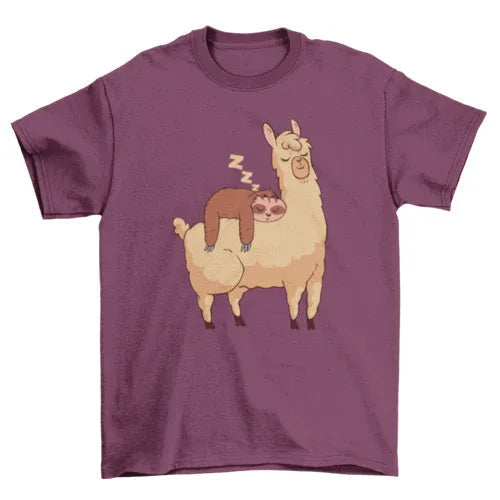 Front view of sleeping sloth riding llama graphic printed on a T-shirt in turquoise color.
