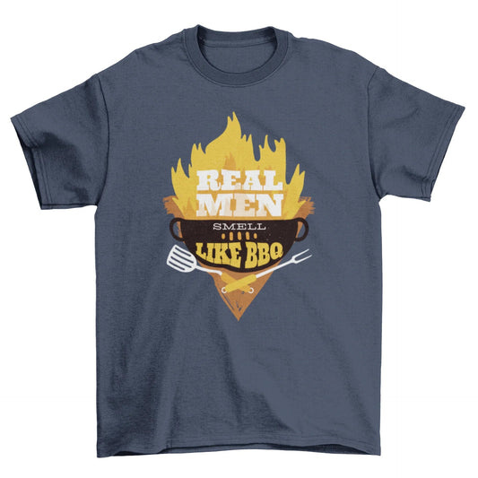 Black T-shirt with a BBQ grill illustration, flames, and text 'Real Men smell like bbq' in white.