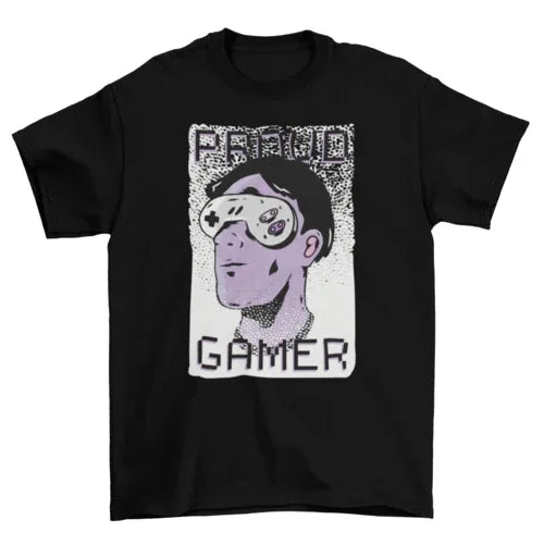 Proud Gamer T-shirt front view showing man with console controller sunglasses and 'Proud Gamer' text