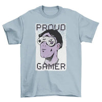 Folded Proud Gamer T-shirt displaying graphic of man with controller sunglasses and bold 'Proud Gamer' lettering