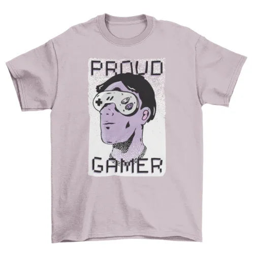 Model wearing Proud Gamer T-shirt with distinctive console controller sunglasses graphic