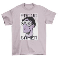 Model wearing Proud Gamer T-shirt with distinctive console controller sunglasses graphic