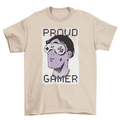 Close-up of Turquoise Theseus Proud Gamer T-shirt design showing man’s face with game controller sunglasses