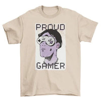 Close-up of Turquoise Theseus Proud Gamer T-shirt design showing man’s face with game controller sunglasses