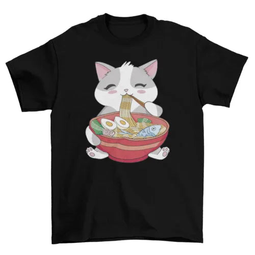 Black t-shirt spread flat displaying cat eating ramen graphic prominently on front.