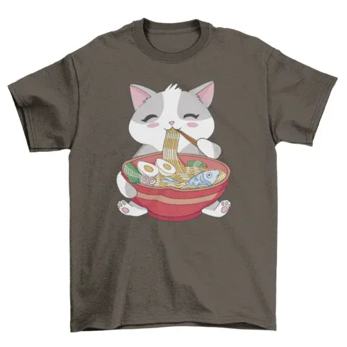 Detailed shot of cat ramen graphic with bright colors and playful illustration style.