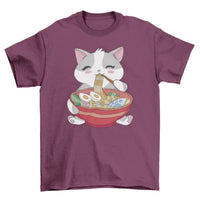 Close-up of cat ramen graphic on black t-shirt showing colorful noodles and steam.