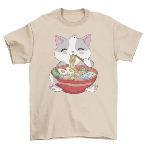 Side view of black t-shirt with cat eating ramen graphic worn by a model.