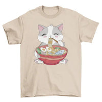 Side view of black t-shirt with cat eating ramen graphic worn by a model.