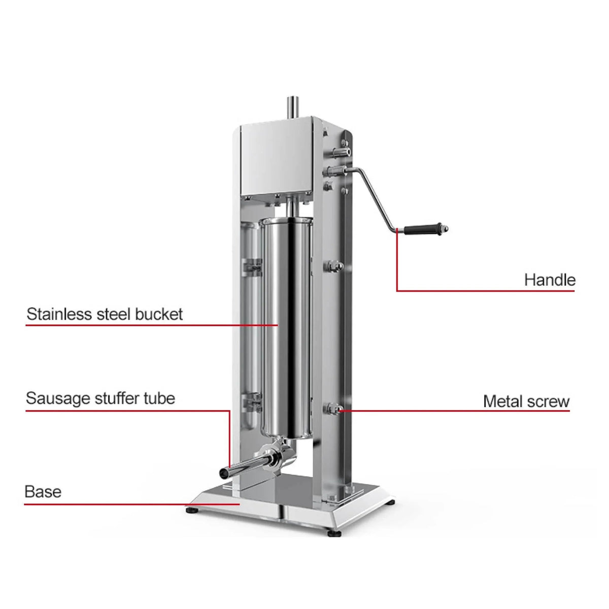 Close-up of 3L vertical sausage stuffer showing food-safe stainless steel tank and nozzle.