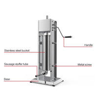 7L vertical sausage filler machine with handle and four different sized nozzles displayed.