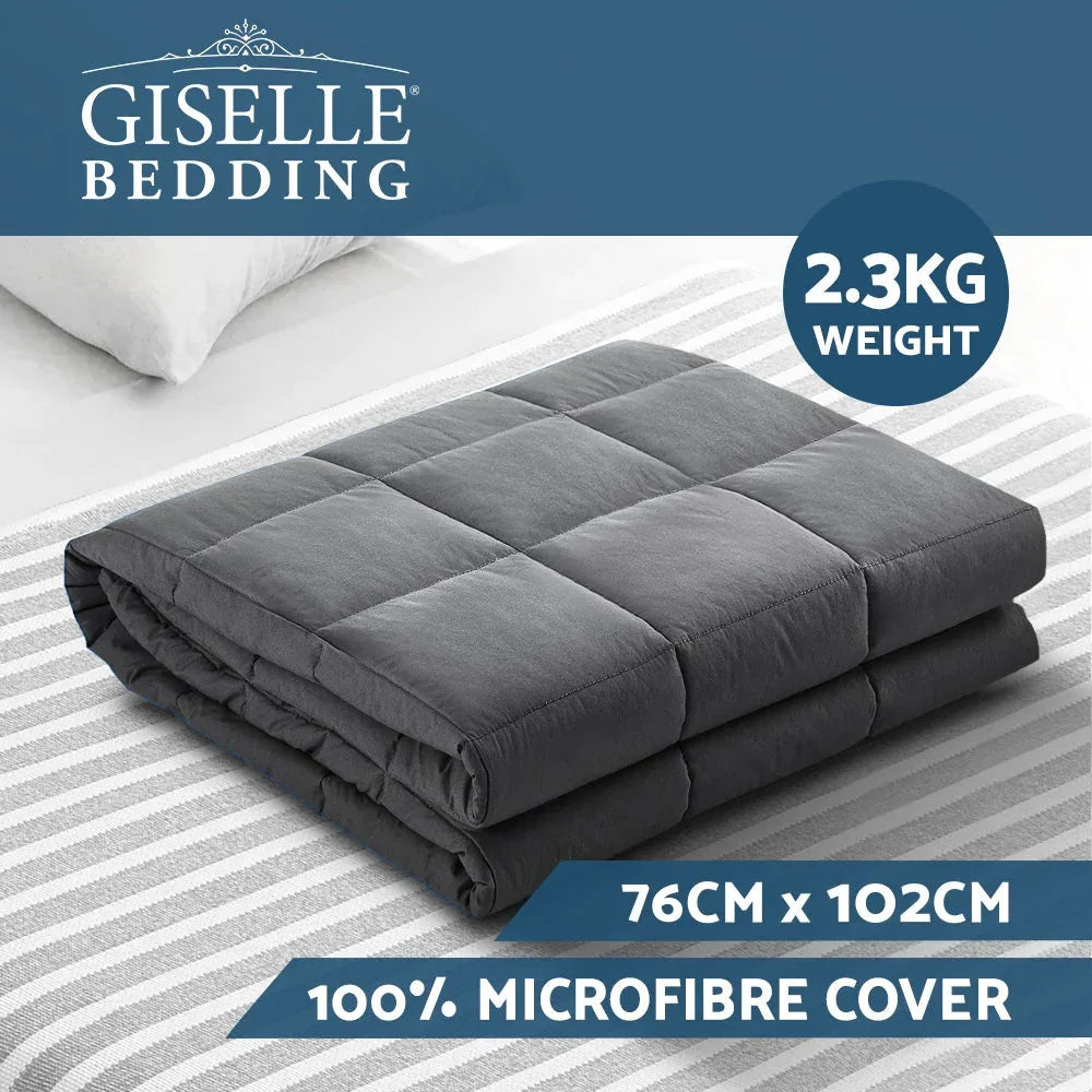 Close-up of microfibre cover and weighted stitching detail on blue blanket.