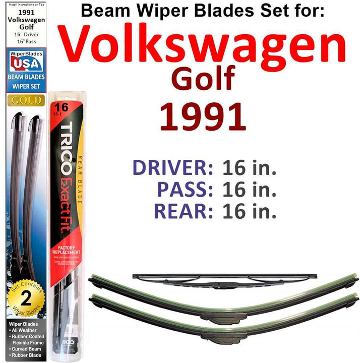 Beam Wiper Blades for 1991 Volkswagen Golf Base (Set of 3) - Snagva