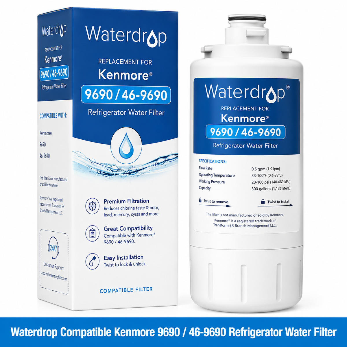 Waterdrop compatible Kenmore 9690 / 46-9690 Refrigerator Water Filter - multi-pack options