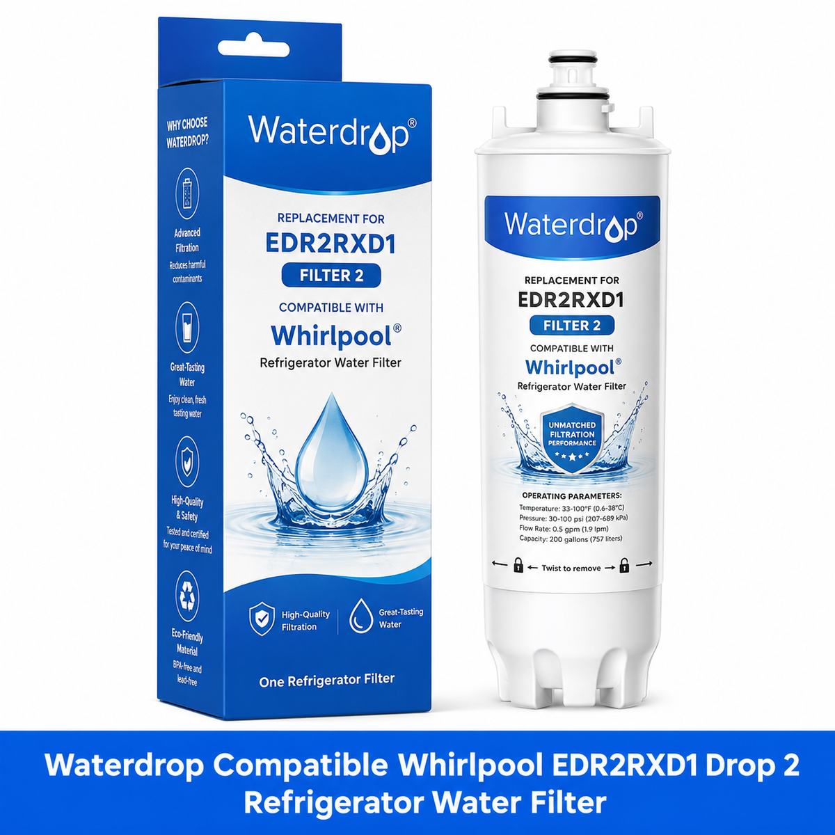 Waterdrop compatible Whirlpool EDR2RXD1 Drop 2 Refrigerator Water Filter - multi-pack options