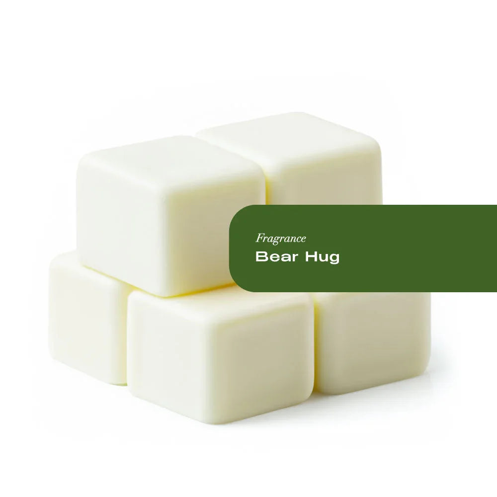 Six Bear Hug wax melt tarts arranged in a circular pattern on a wooden surface.